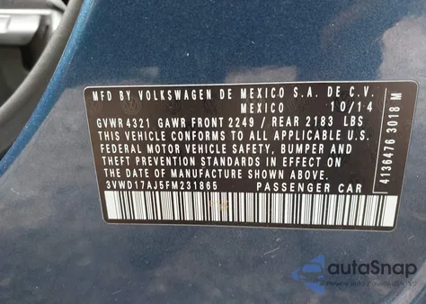 2015 Volkswagen Jetta 1.8T Se из США, поврежденный, VIN 3VWD17AJ5FM231865